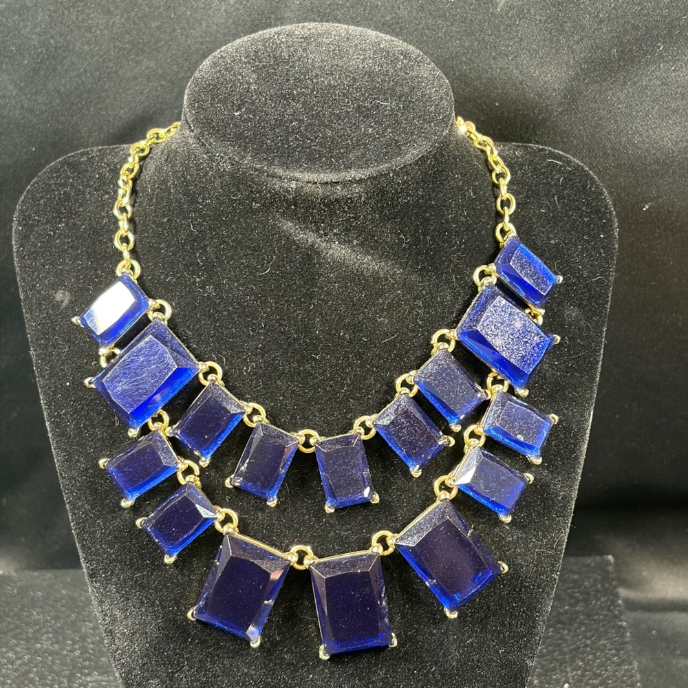 Vintage Cobalt Blue Resin Bib Necklace Gold Tone Geometric Statement 20in